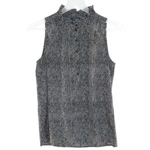 J.Crew Sleeveless Blouse Herringbone Chevron Ruffle Neck Size 0 Black White